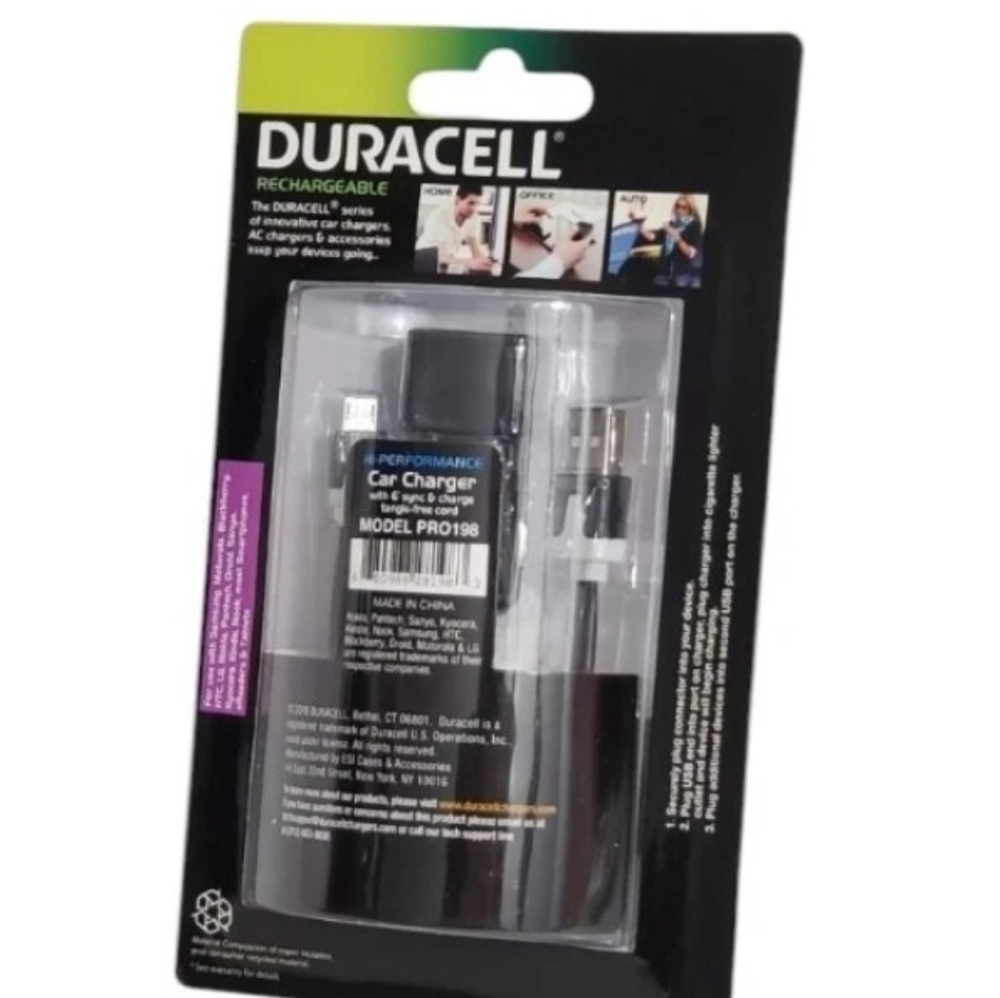 Duracell Car Charger 6 ft Sync & Charge Cord 3.1 Amp Dual USB Ports NEW